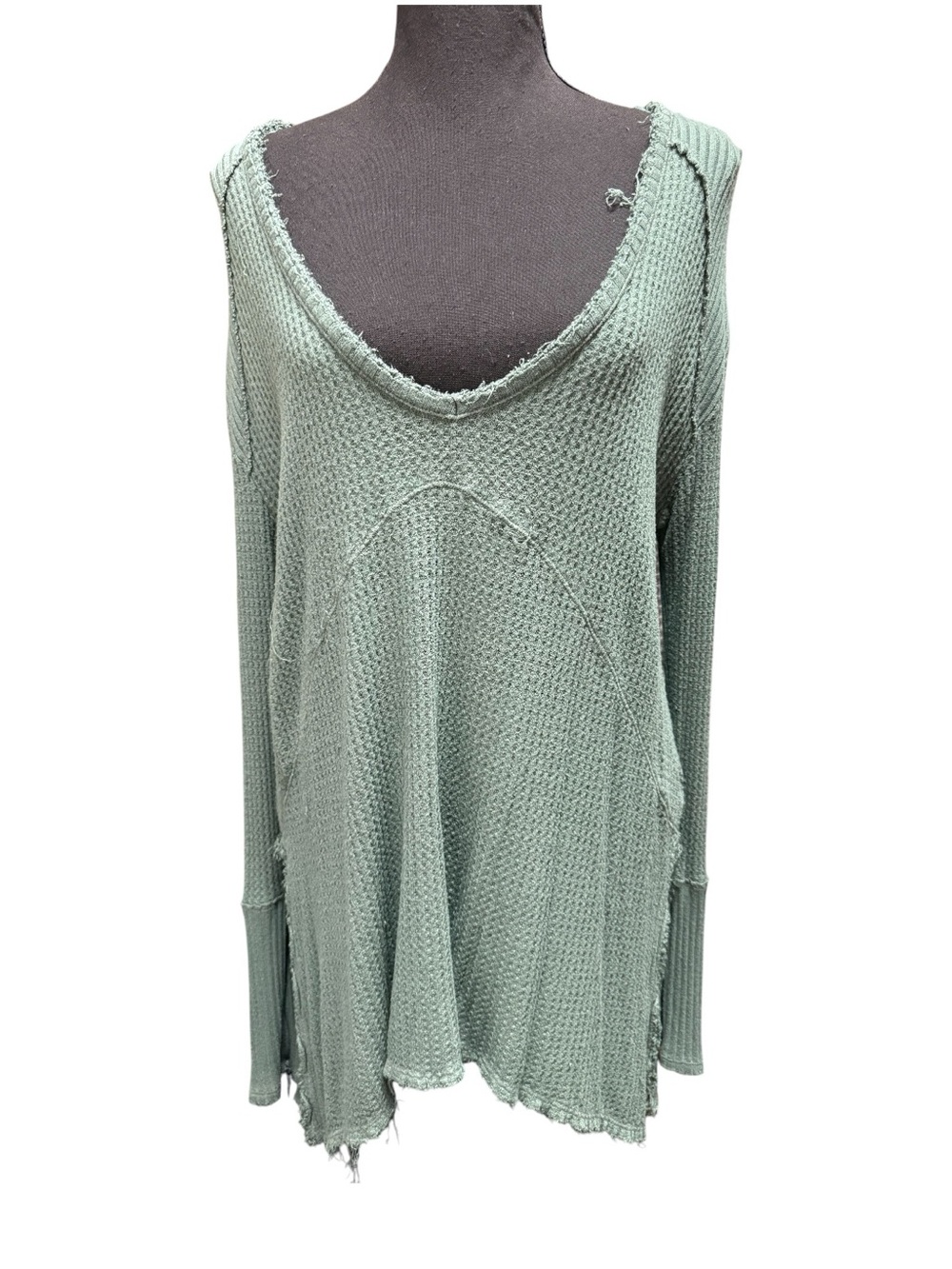 Free People Sage Green Distressed Knit Sweater Womens Boho Oversized Tunic